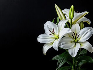 Elegant white lilies in bloom nature photography dark background close-up view floral beauty