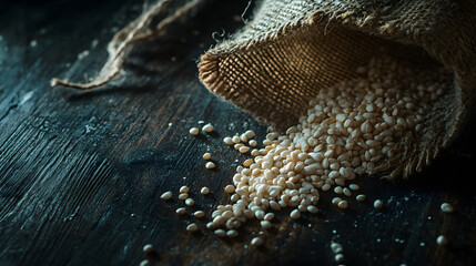 Fototapeta premium A close-up of spelt grains spilling from a burlap sack onto a dark wooden table, with natural lighting illuminating the texture and color.