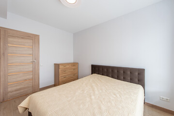 Modern Home Minimalistic Bedroom Interior with Wooden Door and Stylish Furniture