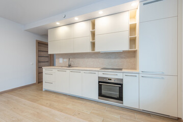 Modern Home Minimalist Kitchen Interior With White Cabinets and Built-In Appliances