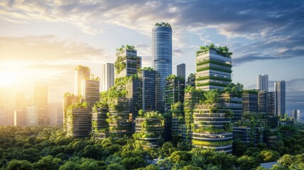 Obraz premium A futuristic eco-city with greenery on skyscrapers, concept of sustainable urban living generative ai