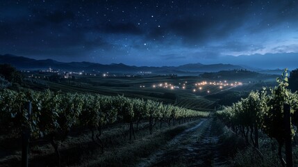 Harvesting wine grapes in a vineyard at night with civil twilight sky full of stars and work light glowing in the distance