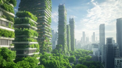 Fototapeta premium A futuristic eco-city with skyscrapers covered in lush greenery, demonstrating sustainable urban development generative ai