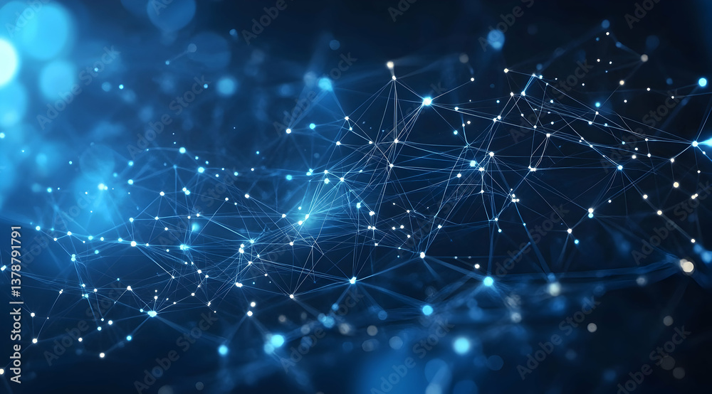Poster abstract digital blue background with glowing connections and nodes forming an intricate network of 