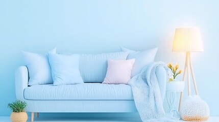 A modern living room with a comfortable couch and lamp