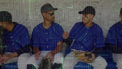 Baseball players sitting on bench with circuit board animation overlay
