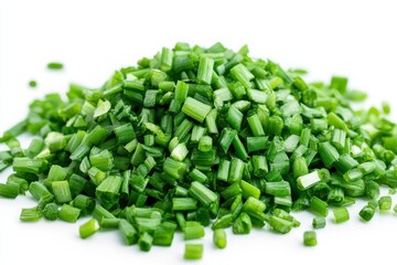 A pile of freshly chopped chives with a vibrant green color, isolated on a transparent background.