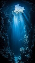 Underwater Cavern Sunlight Beams Deep Ocean Exploration