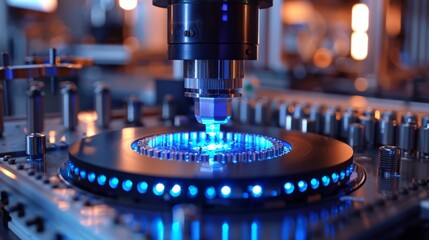 High-tech optical inspection machine uses blue laser for scanning complex circuit board defects in advanced manufacturing environment