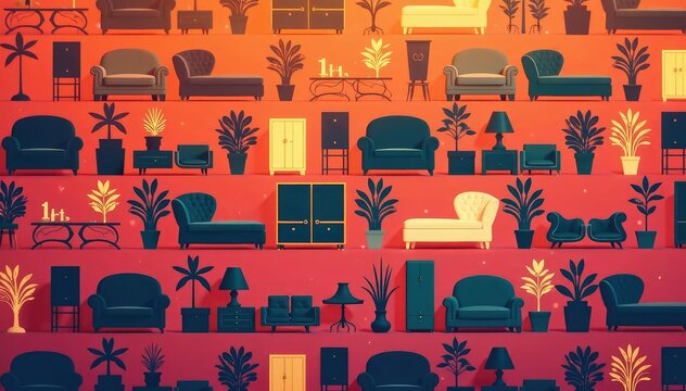 Repetitive motif of furniture silhouettes, creating a cohesive interior design pattern , decor, space