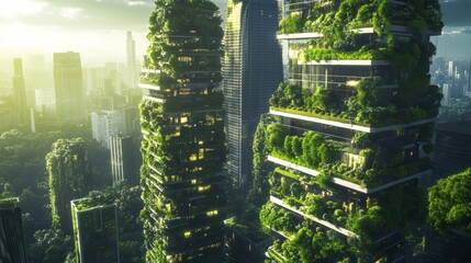 Obraz premium A futuristic eco-city with skyscrapers covered in lush greenery, demonstrating sustainable urban development generative ai