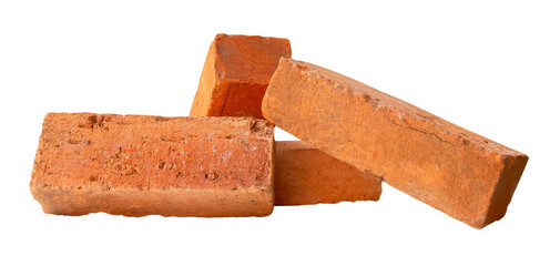 Side view of four cracked old red or orange bricks in stack isolated with clipping path in png file format