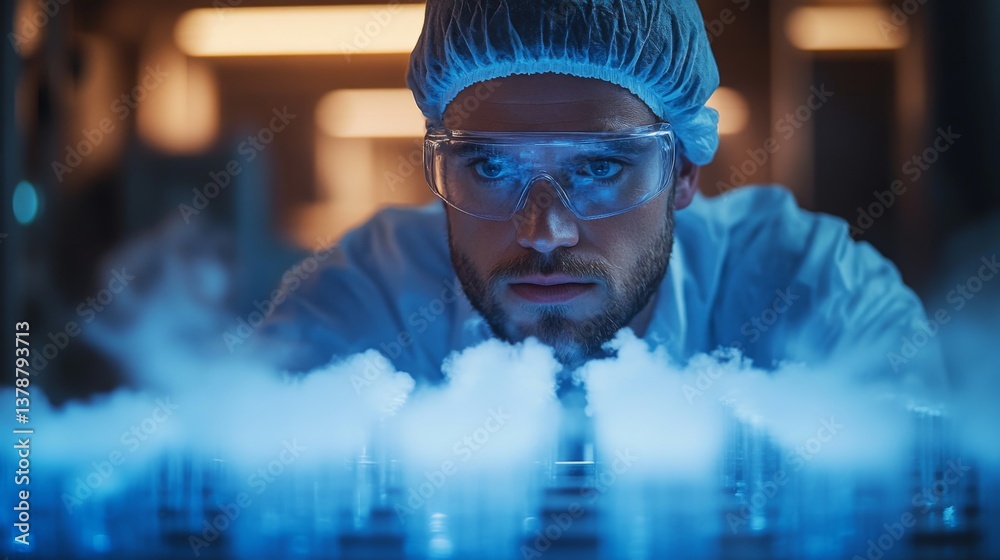 Poster a scientist wearing protective gear examines a series of laboratory vials releasing vapor, conductin