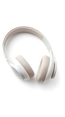 Wireless Audio Delight: Stylish white headphones rest in perfect isolation, poised to deliver an immersive auditory experience, capturing the essence of modern technology and personal entertainment.