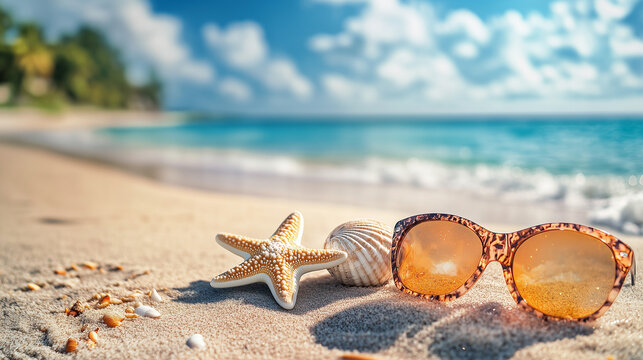Sunglasses, starfish and seashells on a sandy beach with tropical ocean in the background.