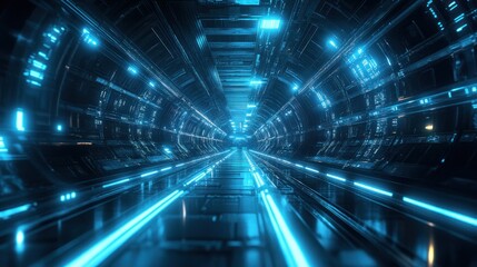 Neon blue glowing futuristic tunnel, energy grid data stream, dark geometric corridor