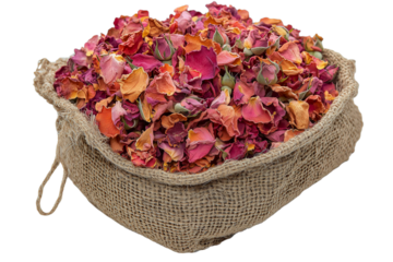 Rose petals in burlap sack for a romantic gift idea