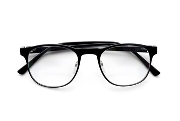 Fototapeta premium Elegant Black Eyeglasses on a White Background: A close-up captures a sophisticated pair of black eyeglasses, showcasing their sleek design, clear lenses, and modern aesthetic.