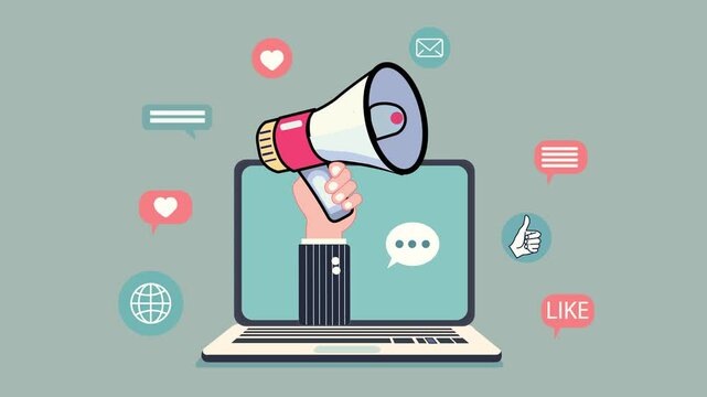 A businessman&rsquo;s hand holding a megaphone emerges from a laptop screen, Digital and social media marketing or Online promotion Concept. Social icons elements as a engagement symbols