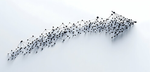 Black and white data visualization of interconnected nodes forming the shape of an arrow on a pure white background