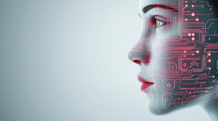 Intricate circuitry merges with feminine portrait, fusion of technology and art in digital design