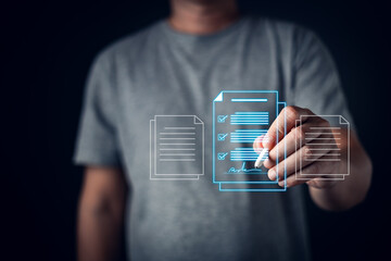 A person interacts with a digital interface, signing a glowing holographic document with...