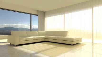 Fototapeta premium Modern white sectional sofa inside a well lit living room space