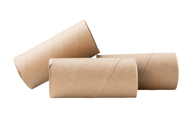 Side view of tissue paper cores or toilet paper tubes in stack after tissue paper used out in toilet or restroom isolated with clipping path in png file format