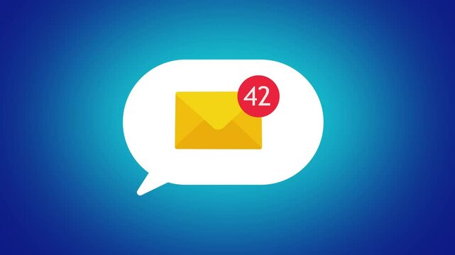 A speech bubble pop-up with an email message icon and a notification counter represents new messages and unread emails. Real-time email alerts.