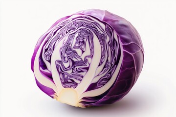 A half-cut purple cabbage with intricate swirling layers, isolated on a transparent background.