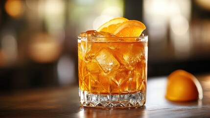 Golden drink with ice and citrus, beautifully presented on rustic wood. Refreshing and inviting