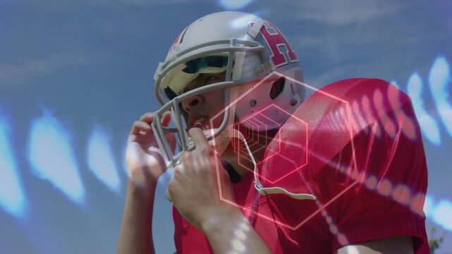 American football player in red jersey with geometric animation overlay