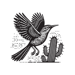 Naklejka premium Cactus Wren Flying Vector Icon – Vintage Logo & Retro Illustration