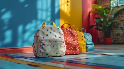 First day of school reunion of two young children standing next to each other, smiling and carrying backpacks. The scene takes place in a hallway, possibly at school