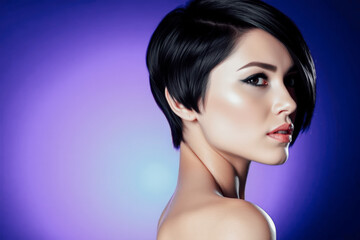 Fototapeta premium Profile of a Young Woman with Short Hair Against Purple Background