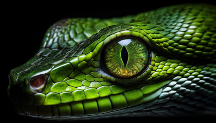 Obraz premium Close up de la cabeza y el ojo de un reptil o serpiente de color verde, peligrosa y venenosa