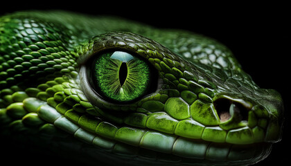 Fototapeta premium Close up de la cabeza y el ojo de un reptil o serpiente de color verde, peligrosa y venenosa