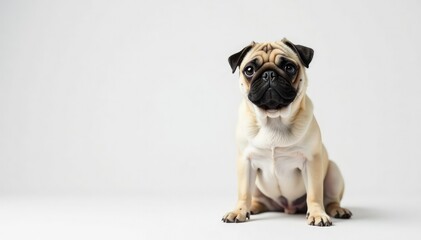 Obraz premium Adorable pug dog sits alone against white background, fluffy, funny