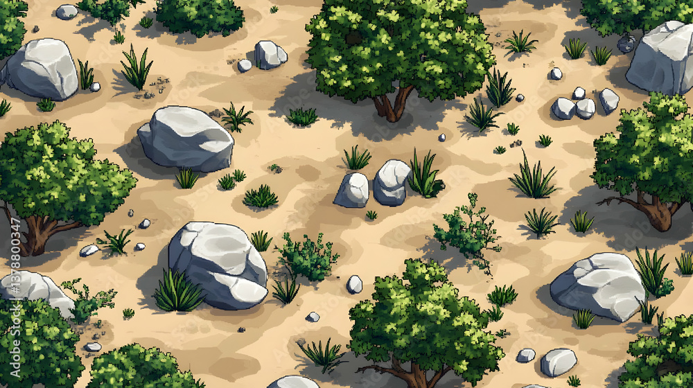 Fototapete seamless pixel art landscape texture with rocks bushes and trees in a desert environment