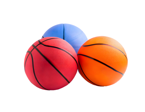 Three colorful basketballs isolated on transparent background