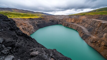 Open pit surface Concept, Stunning Aerial View of Large Artificial Lake Formed Inside Exhausted Quarry Surrounded by Beautiful Landscape