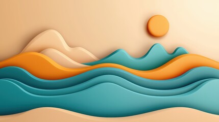 Fototapeta premium Serene paper cut landscape, majestic mountains and tranquil waves in a 3d art design