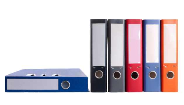 Colorful ring binders standing and lying on transparent background