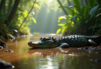 Obraz premium alligator basking swamp water edge sunlight reflection jungle habitat wild nature scene, animal, reptile, wetland, flora, fauna, marsh, pond, moss, grass