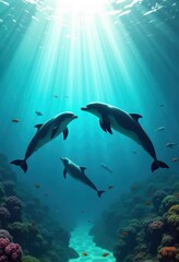 Fototapeta premium aquatic mammals silently gliding underneath crystal clear turquoise waters serene underwater paradise, seal, marine, ocean, creature, fish, blue, aquarium
