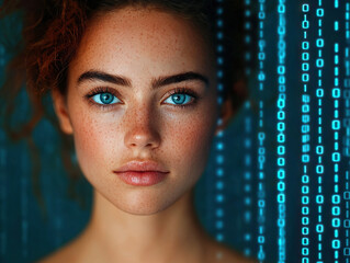 Digital portrait of a young woman with blue eyes surrounded by binary code in a futuristic setting