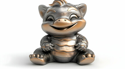 Obraz premium Shiny Metallic Bronze and Silver Dragon Sculpture with Smiling Face on White Background