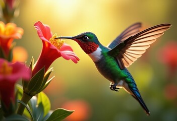 colorful hummingbird hovering vibrantly near blooming flowers lush garden environment, nature, flora, petal, nectar, tropical, wings, pollination, beauty