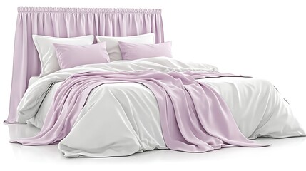 A modern bed arrangement with pillows and soft lilac draping