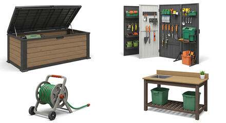 Gardening Essentials: Showcase a variety of practical gardening tools and storage solutions in a well-lit, functional setup.